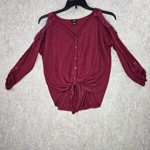 Rue21 Womens Cold Shoulder Crochet Detail Button-Front Top Maroon M Polyester